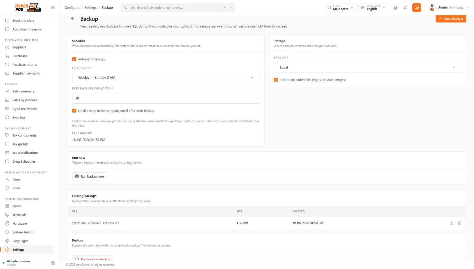 The backups page listing past backups with date, size, status and download buttons