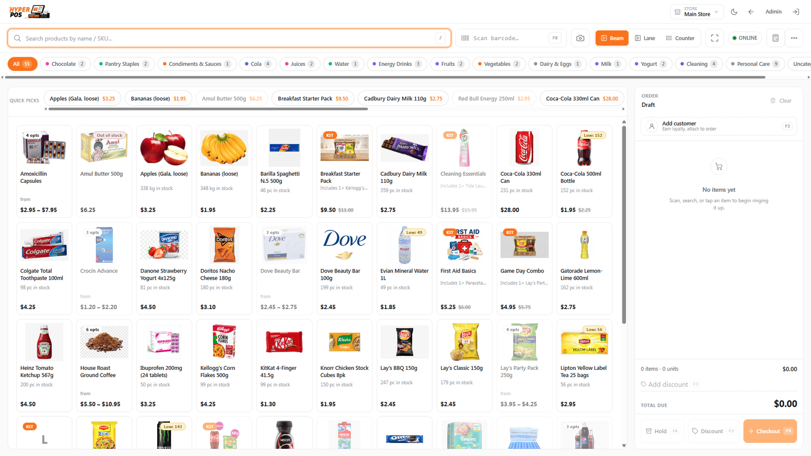 The POS checkout screen with product tiles and a cart