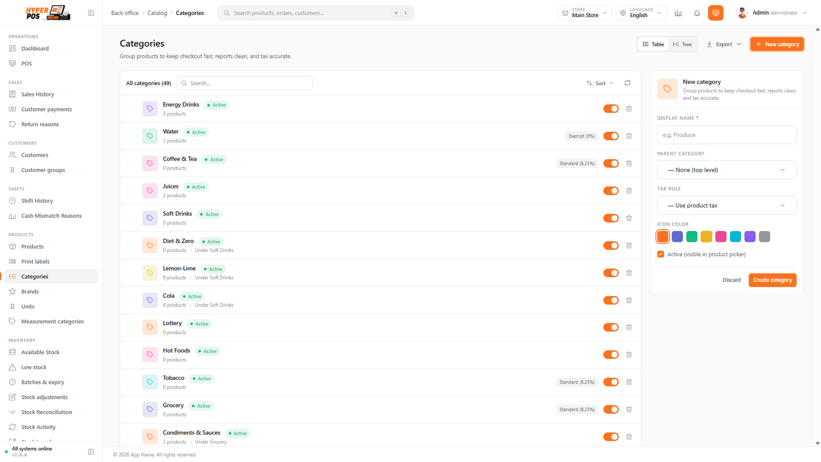 The categories screen showing a tree of categories you can reorder
