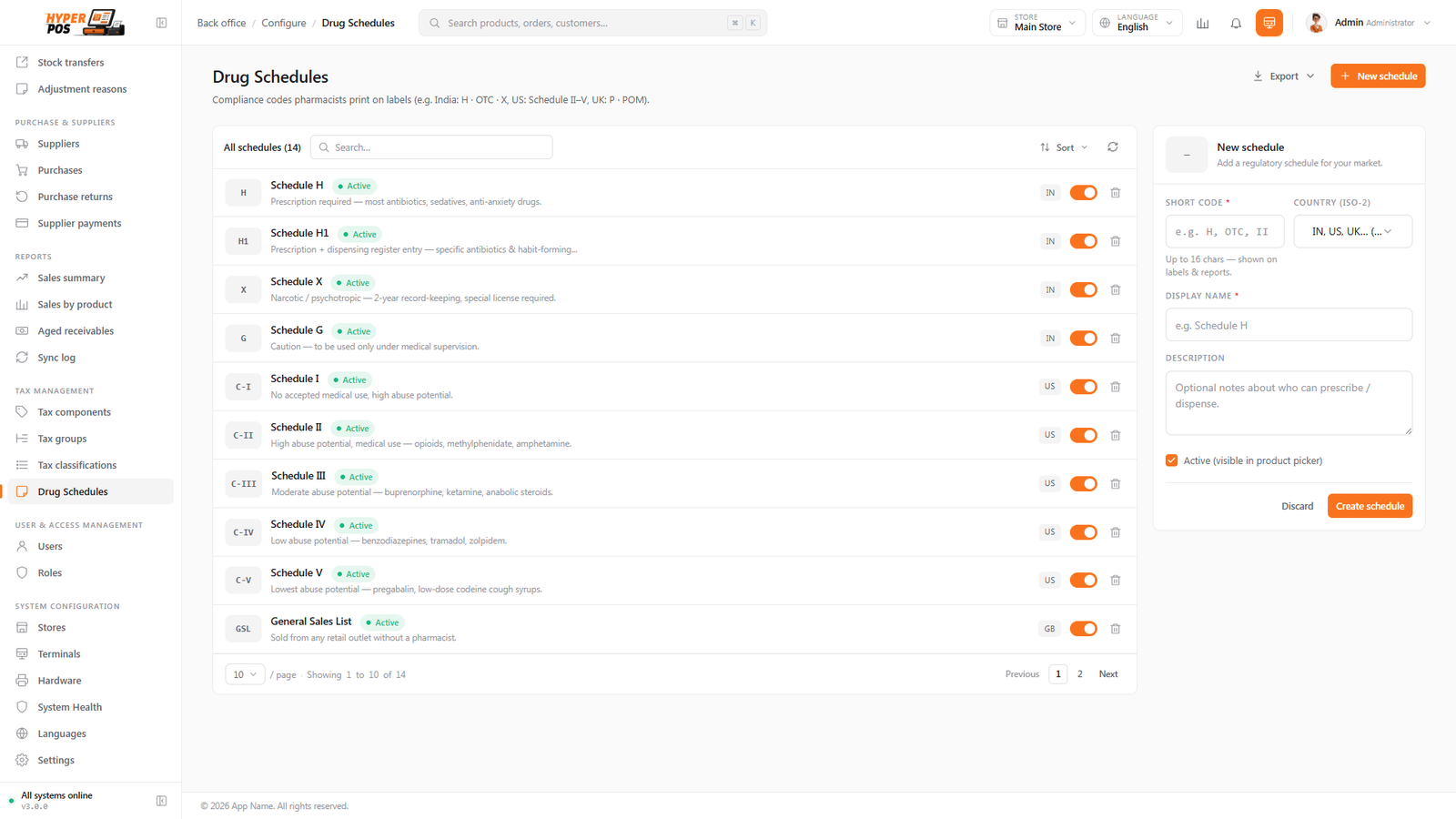 The Drug schedules screen listing medicine categories