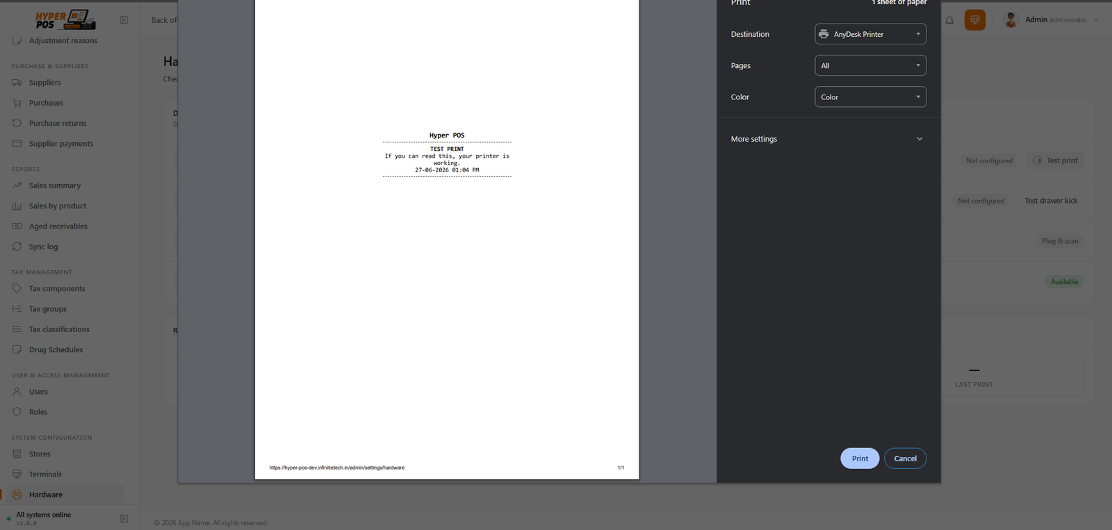 The receipt printer setup screen with a Pair printer and Test print button