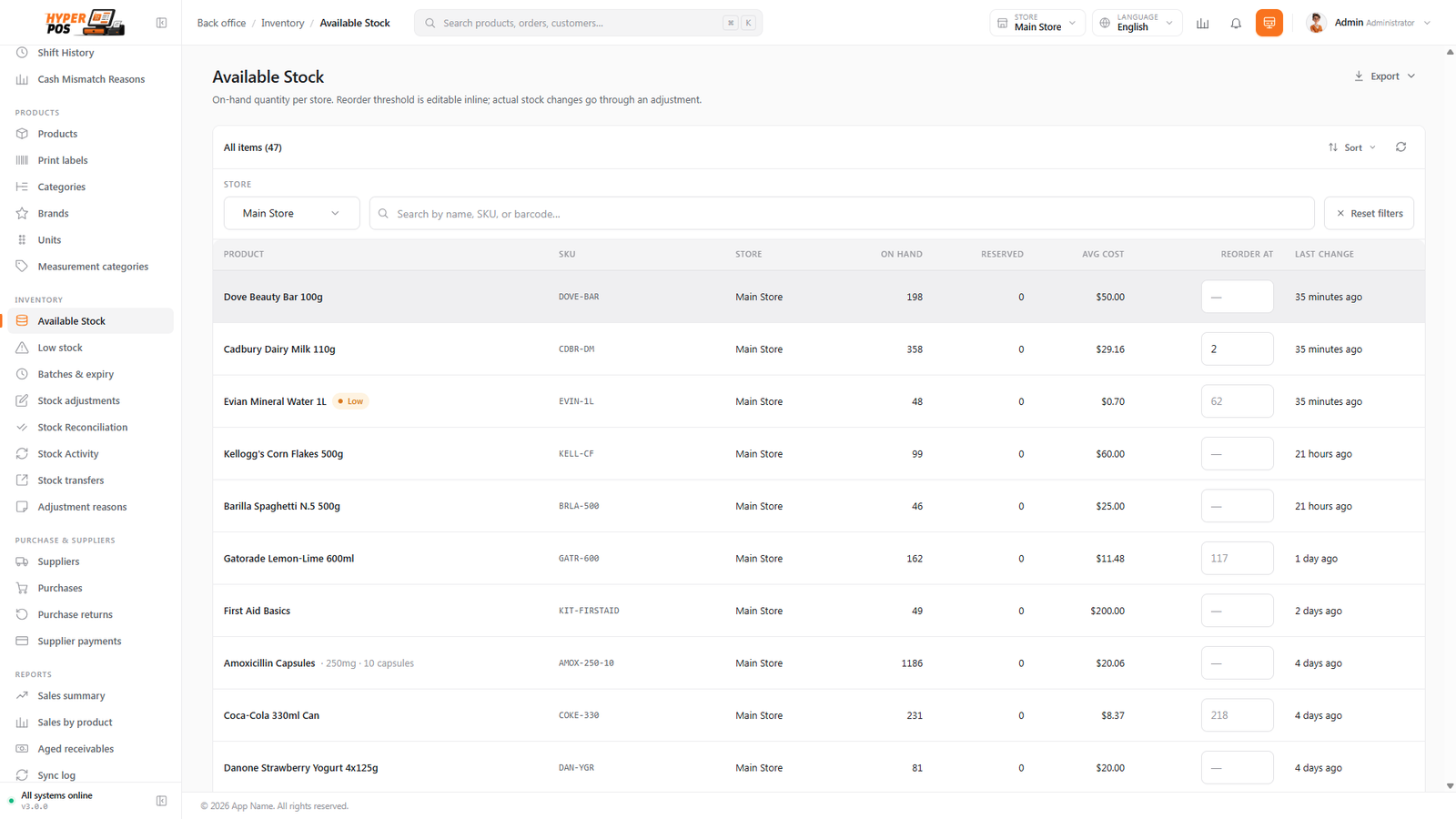 The Available Stock screen listing products with their current quantities