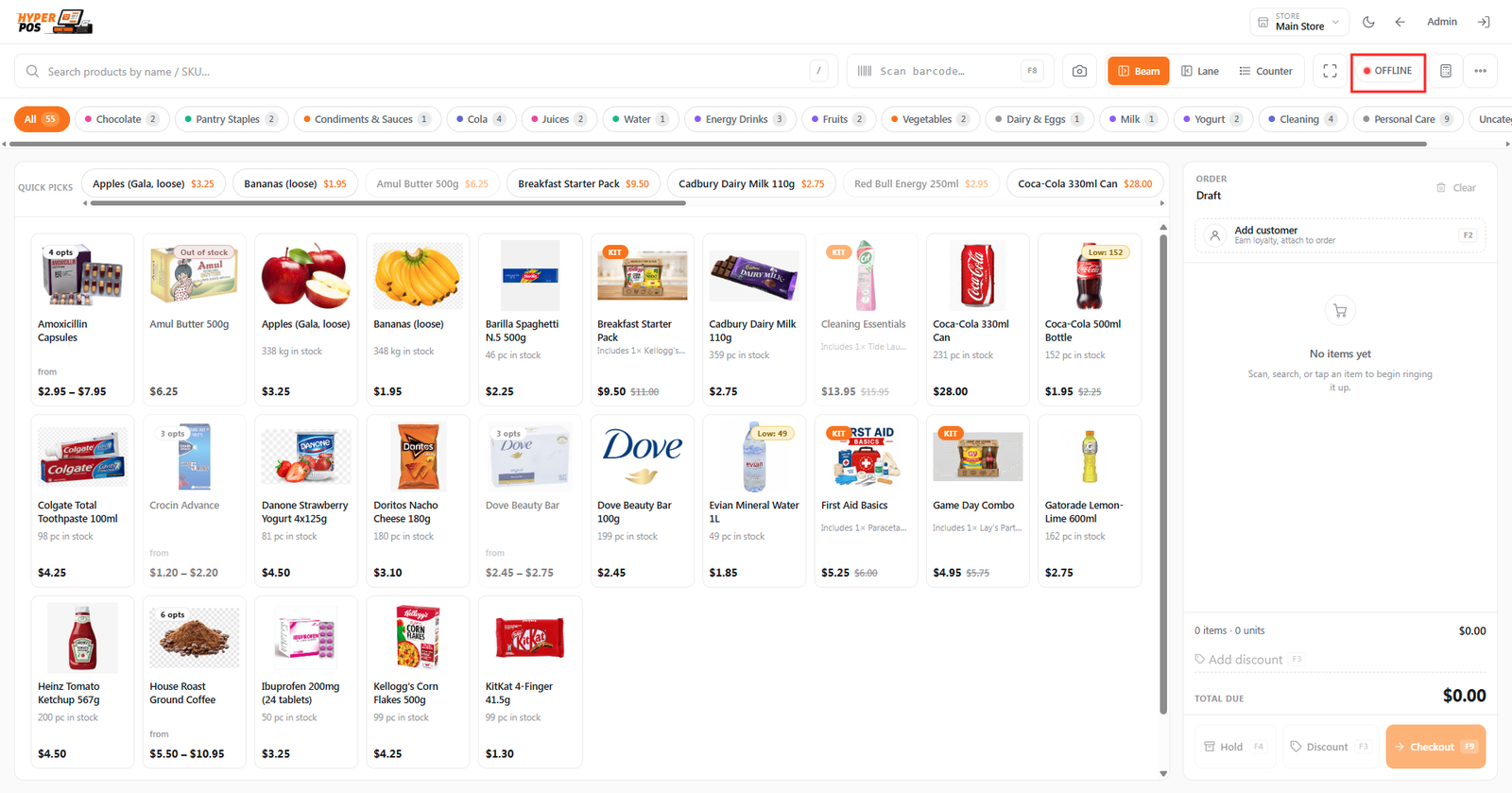 The connectivity dot and popover in the POS top bar showing online, degraded and offline states