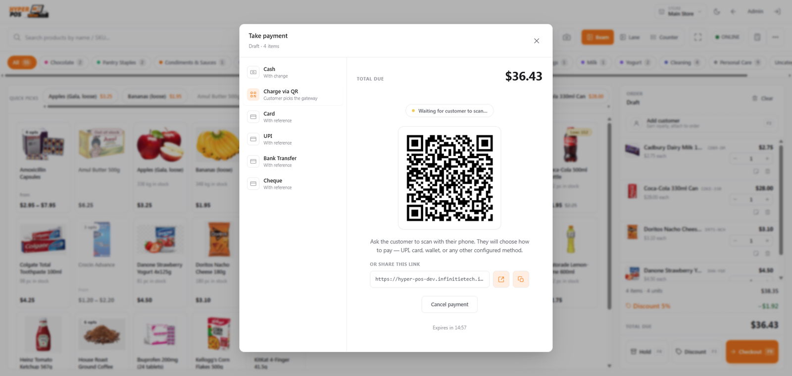Charge via QR payment screen showing a scannable QR code for the customer