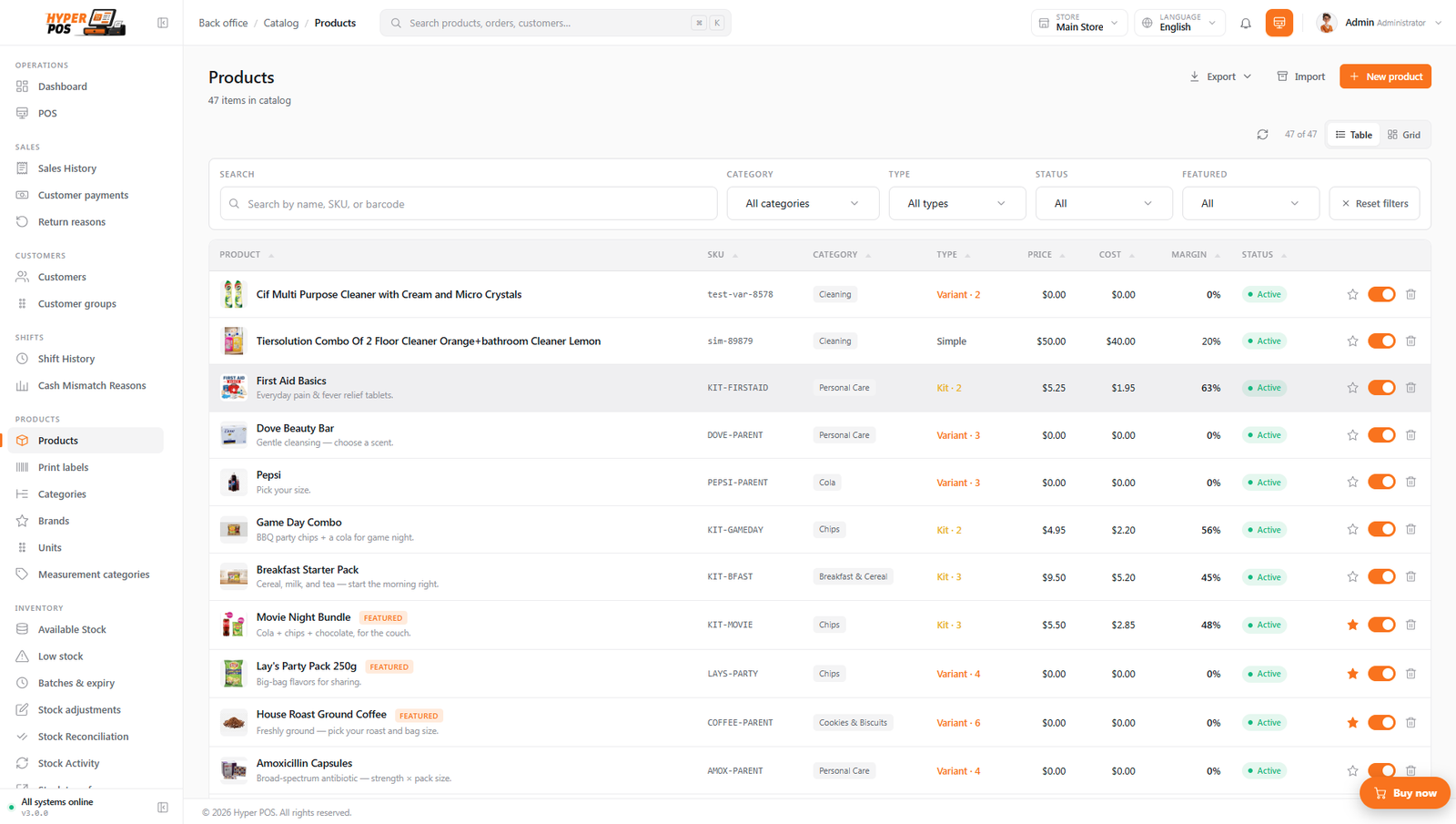 The products list with images, codes, stock, prices and a status switch on each row