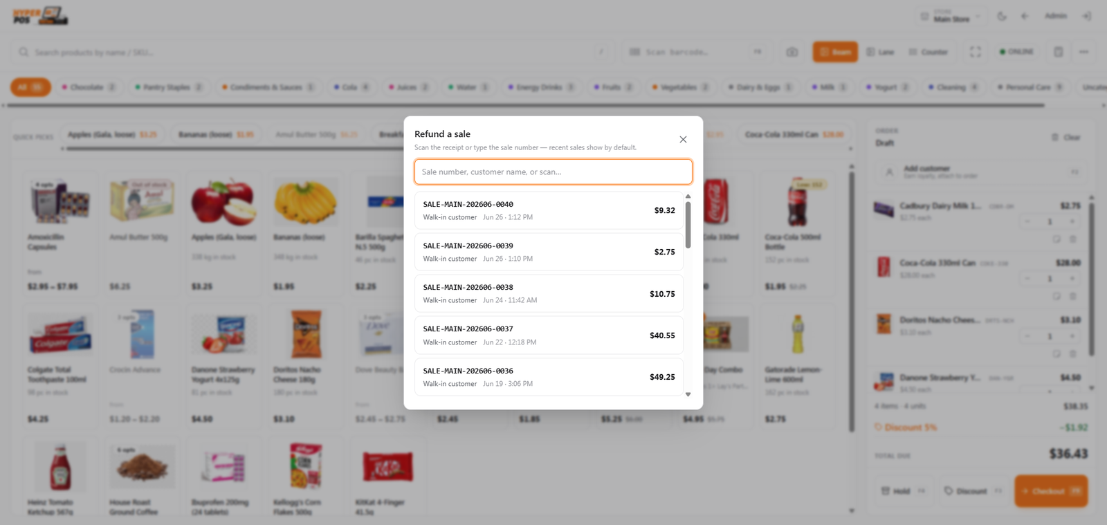 The receipt lookup window for finding the original sale to refund