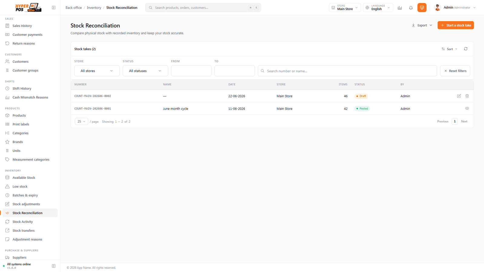 The stock reconciliation screen showing expected and counted quantities side by side