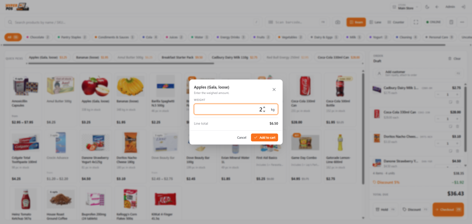 The weight-prompt window asking for the weight of a loose item on the POS screen